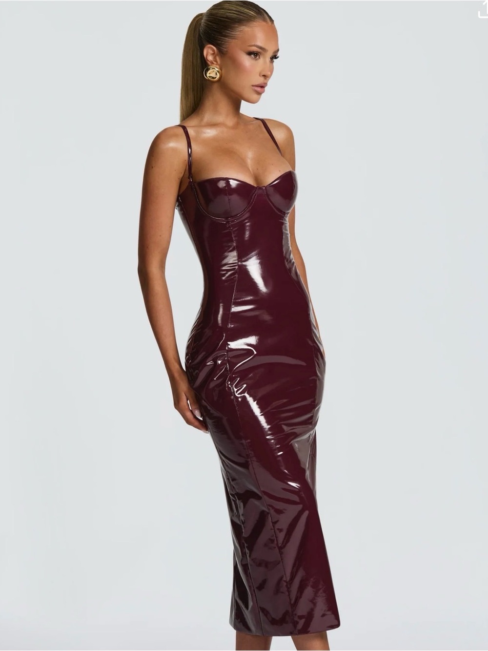 Babyboo Burgundy Leather Midi Dress with Corset Bodice